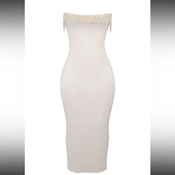 House of CB Nalita Vintage Cream Embellished Strapless Dress/Size M-US 6-8 - Picture 3 of 13